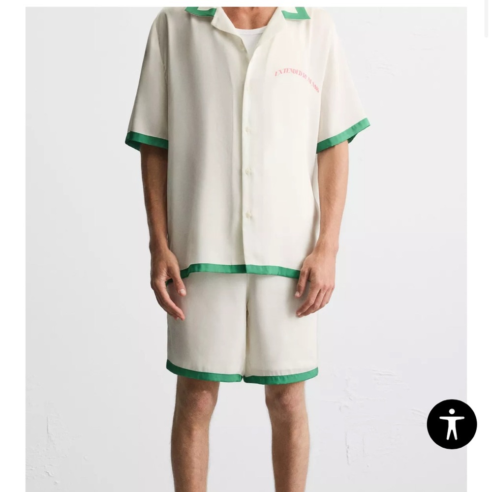 Satin shirt and shorts contrast stripe. Set- Size XL. Cream and Green color - Picture 10 of 13